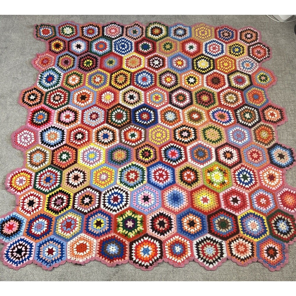 Crochet Knit Granny Square Blanket Handmade Boho Throw 74x76 Multicolor Afghan